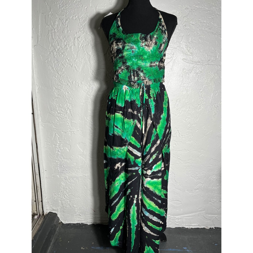 My Choice NWT 2 Piece Green Tie Dye Halter Top Wide Leg Pants Set One Size